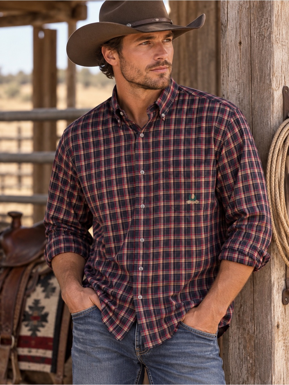 Wrangler Men's Red and Brown Plaid Button-Down Shirt
